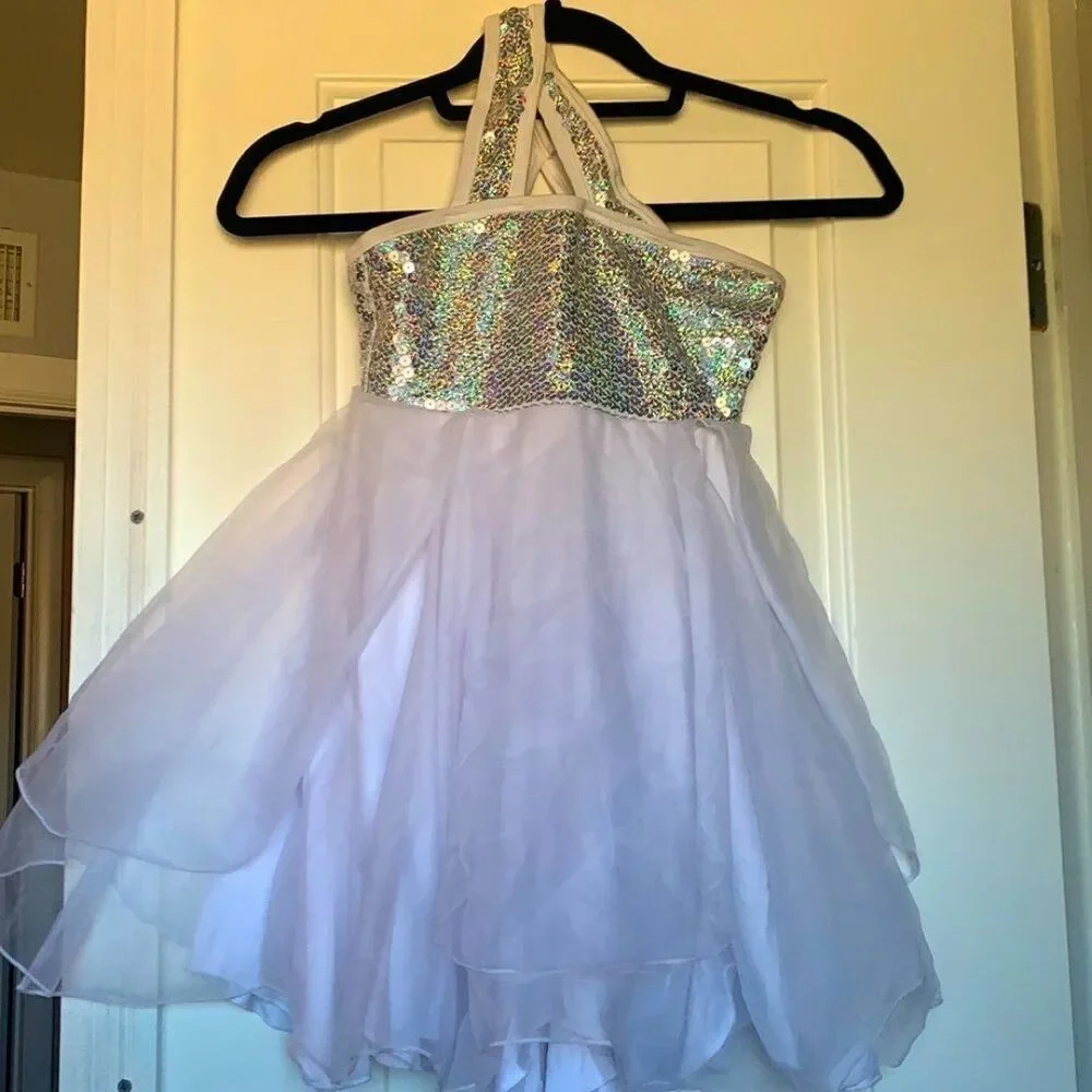 Lyrical White one shoulder girls dance costume with sequined top Medium Child